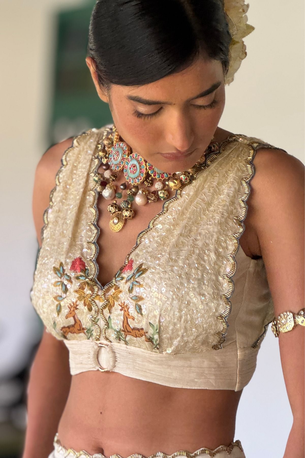 Off-White Linen Satin & Organza Printed Lehenga Set