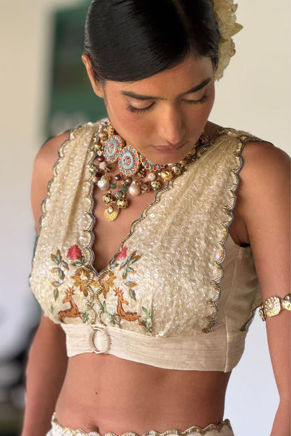 Off-White Linen Satin & Organza Printed Lehenga Set