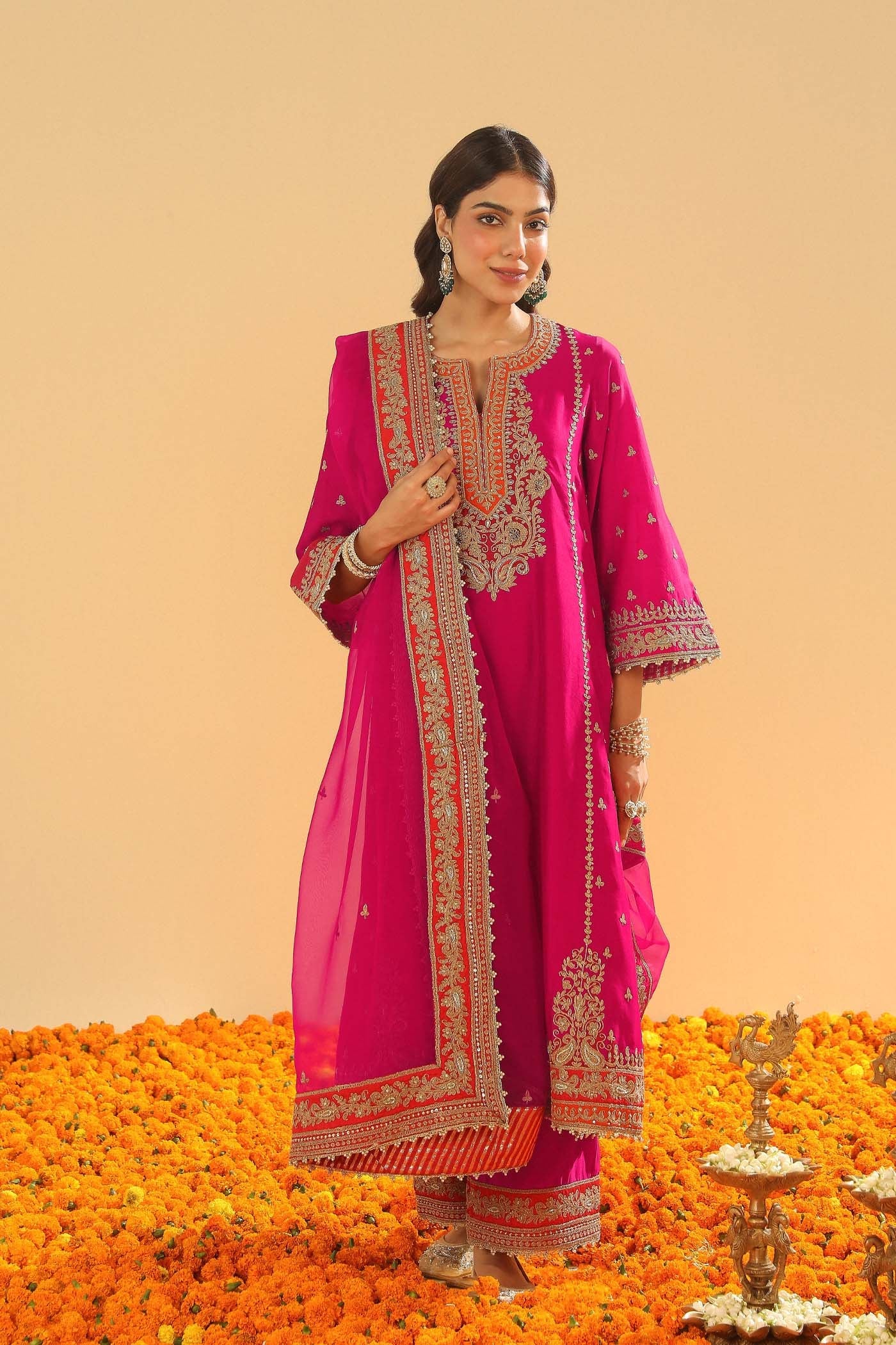 Aamish - Hotpink Long A-line Kurta with Palazzo