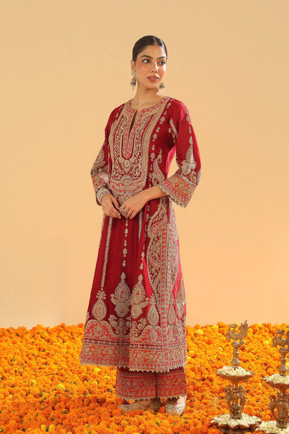 Rua - Deep Red Long A-line Kurta with Palazzo