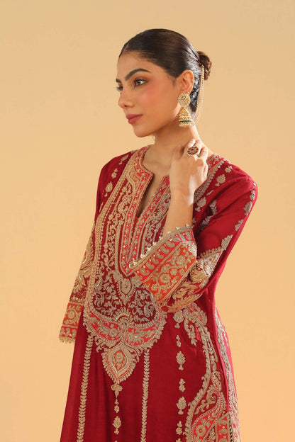 Rua - Deep Red Long A-line Kurta with Palazzo