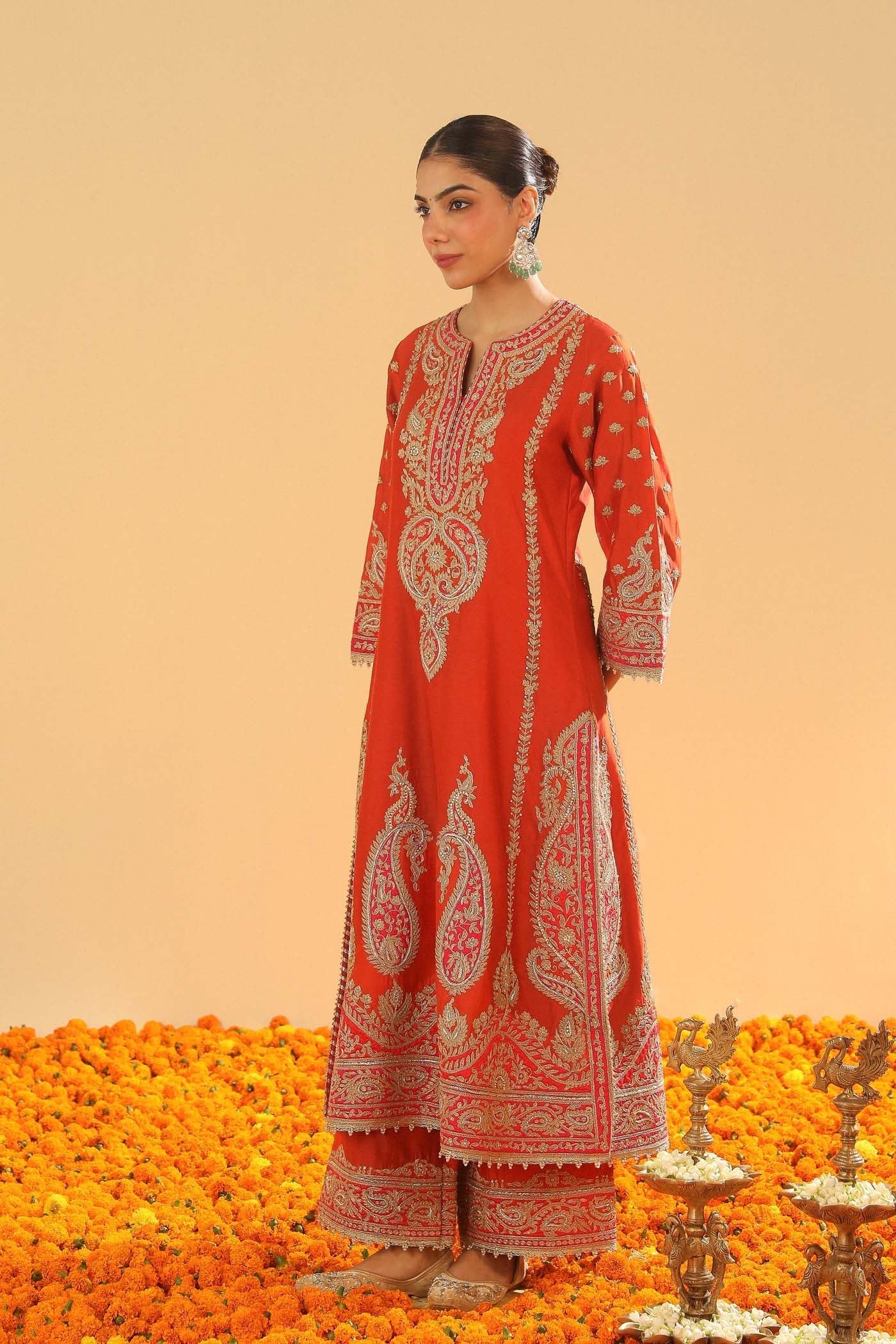 Misam - Burnt Orange Long A-line Kurta with Palazzo