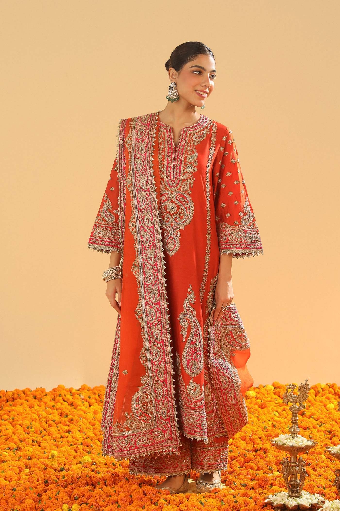 Misam - Burnt Orange Long A-line Kurta with Palazzo