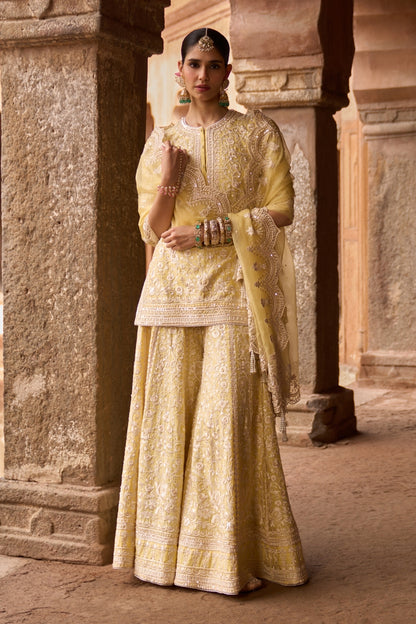 Heer - Lemon Yellow Short Kurta With Sharara And Dupatta