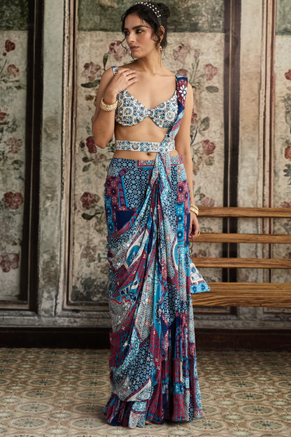 Ivory Butta Print And Highlighted Blouse With Teal Print And Highlighted Gharara Saree Set