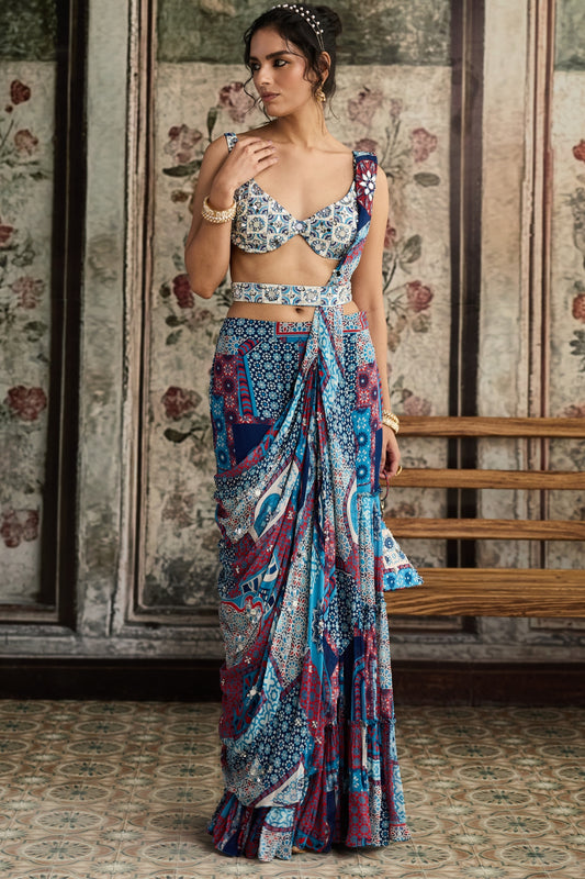 Ivory Butta Print And Highlighted Blouse With Teal Print And Highlighted Gharara Saree Set
