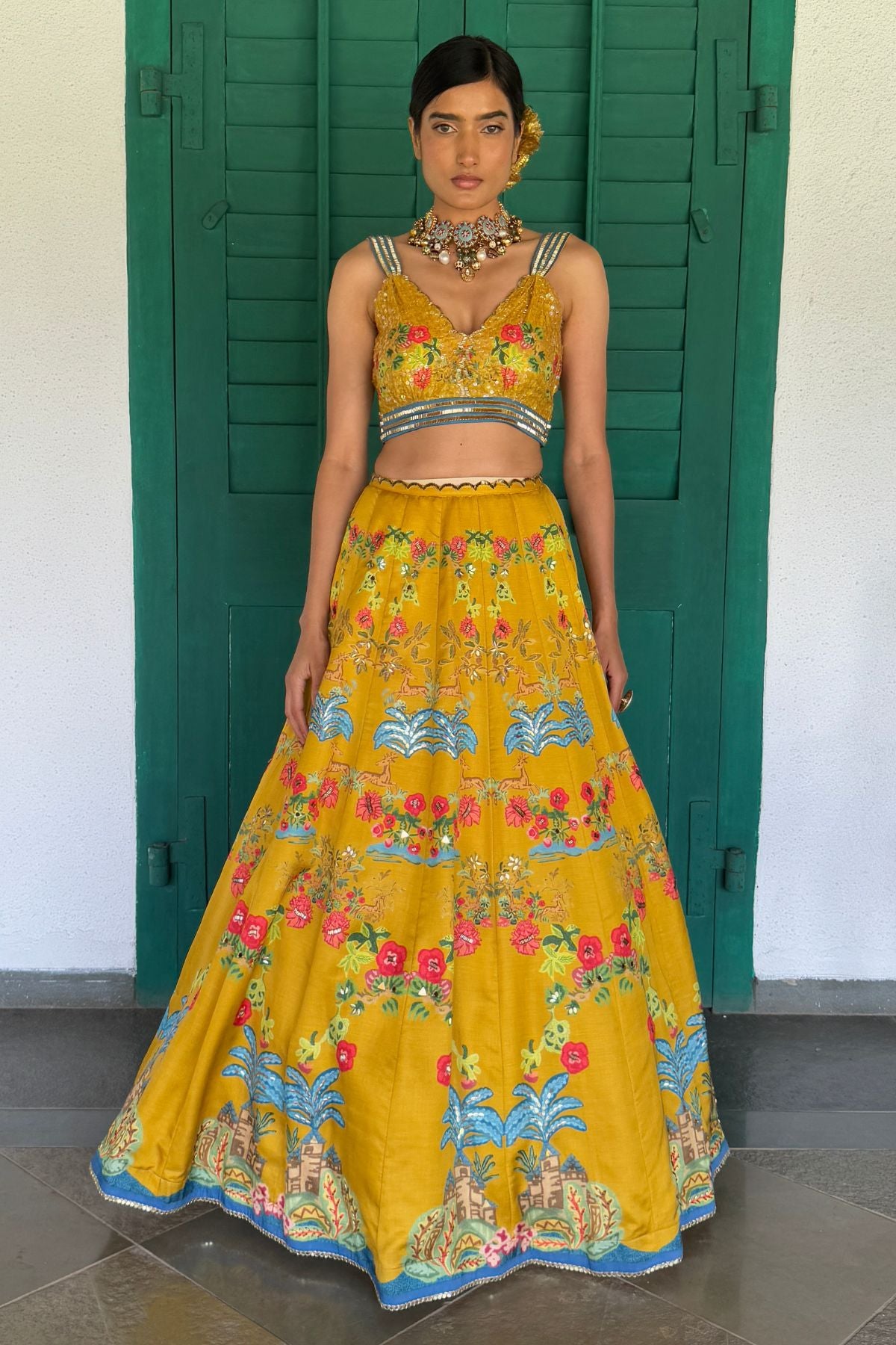 Mustard Linen Satin & Organza Printed Lehenga Set