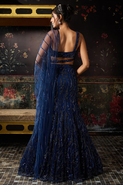 Dark Blue Embellished Mermaid Skirt Set