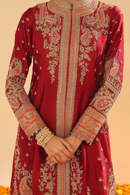 Minara - Deep Red Long A-line Jacket with Pant