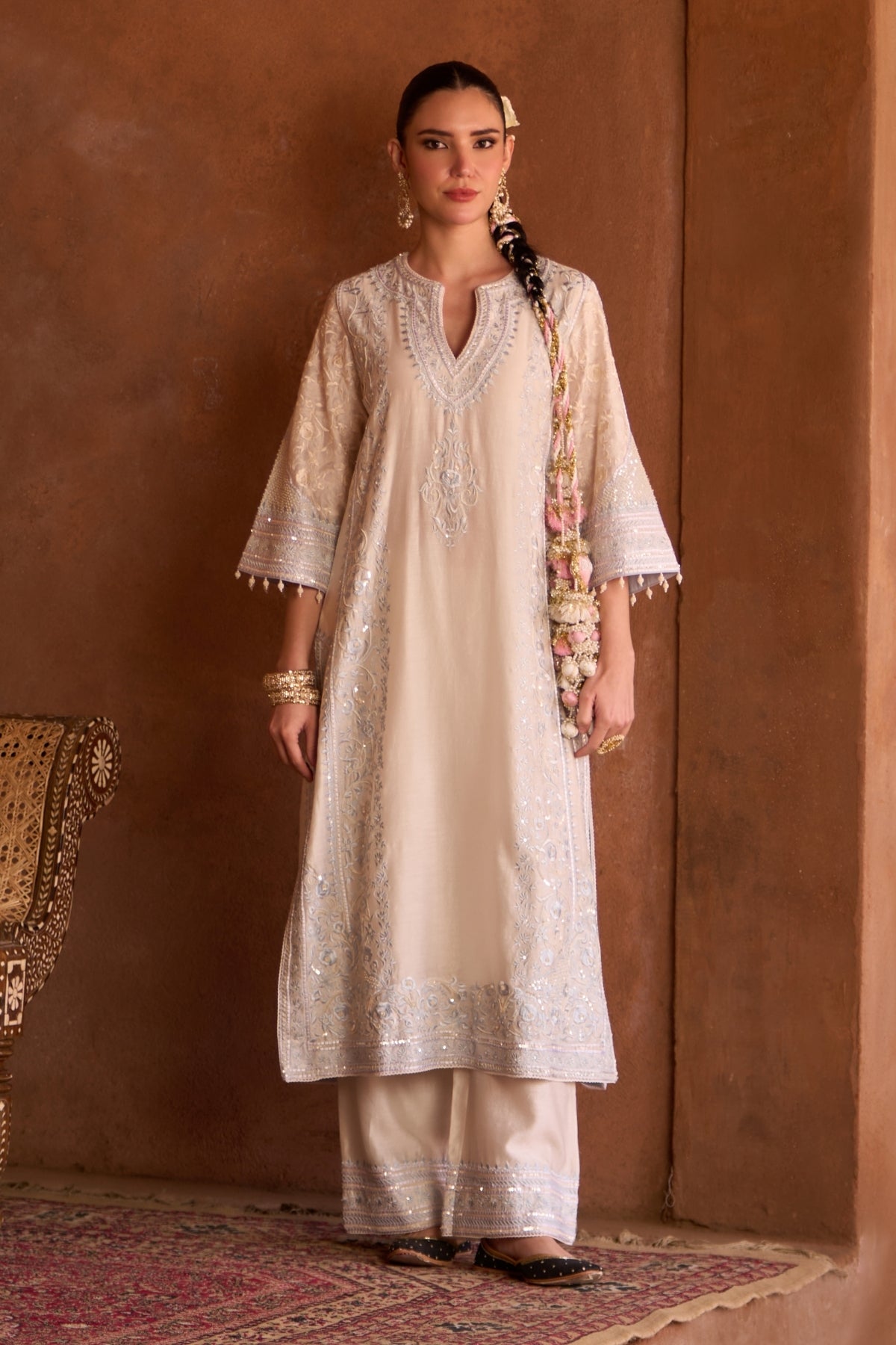 Nurvi - Daisy Ivory With Blue Long A-line Kurta With Palazzo And Dupatta