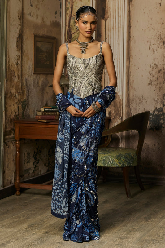 GUNMETAL GREY CORSET WITH PRINTED AND HIGHLIGHTED CLASSIC SAREE SET