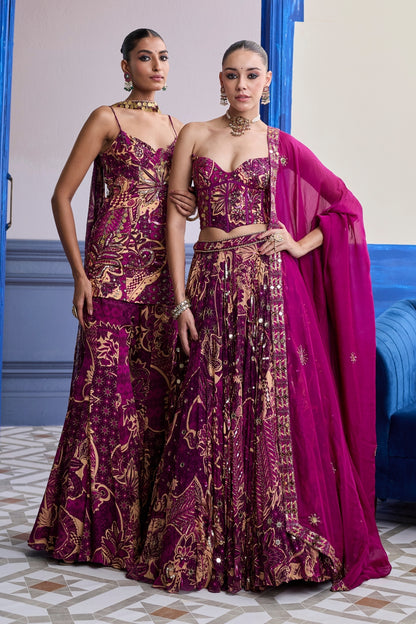 MAGENTA HIGHLIGHTED CORSET WITH LEHENGA & EMBROIDERED DUPATTA SET
