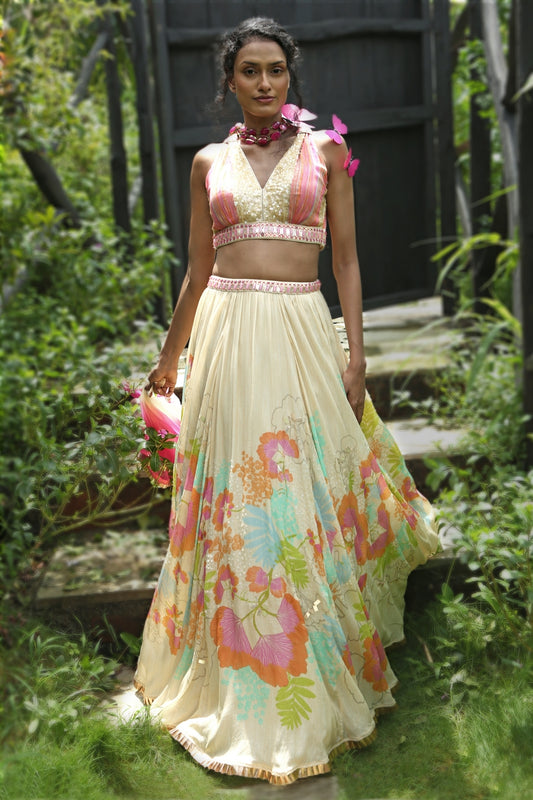Beige Organza Floral Printed Lehenga Set