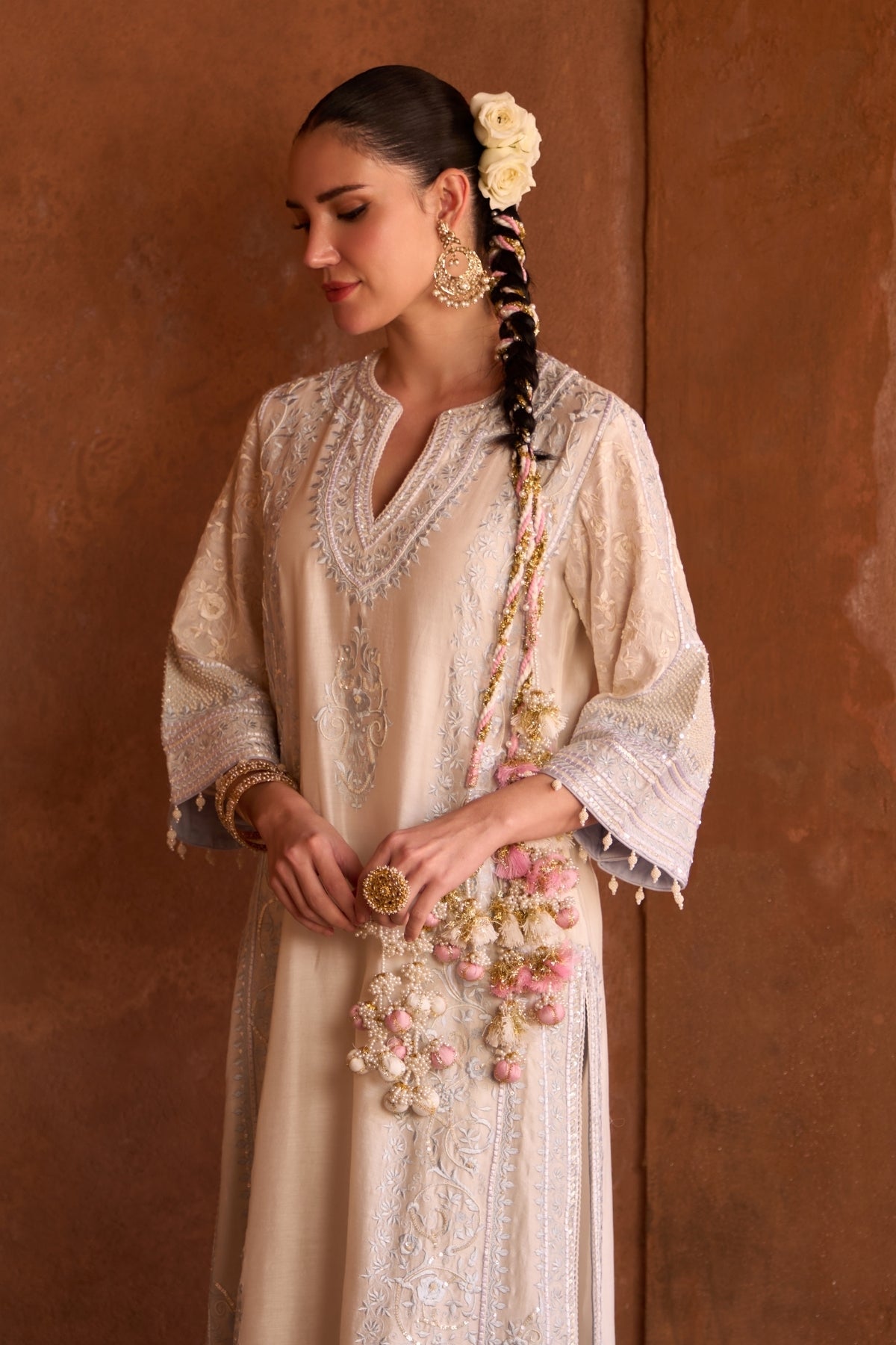 Nurvi - Daisy Ivory With Blue Long A-line Kurta With Palazzo And Dupatta