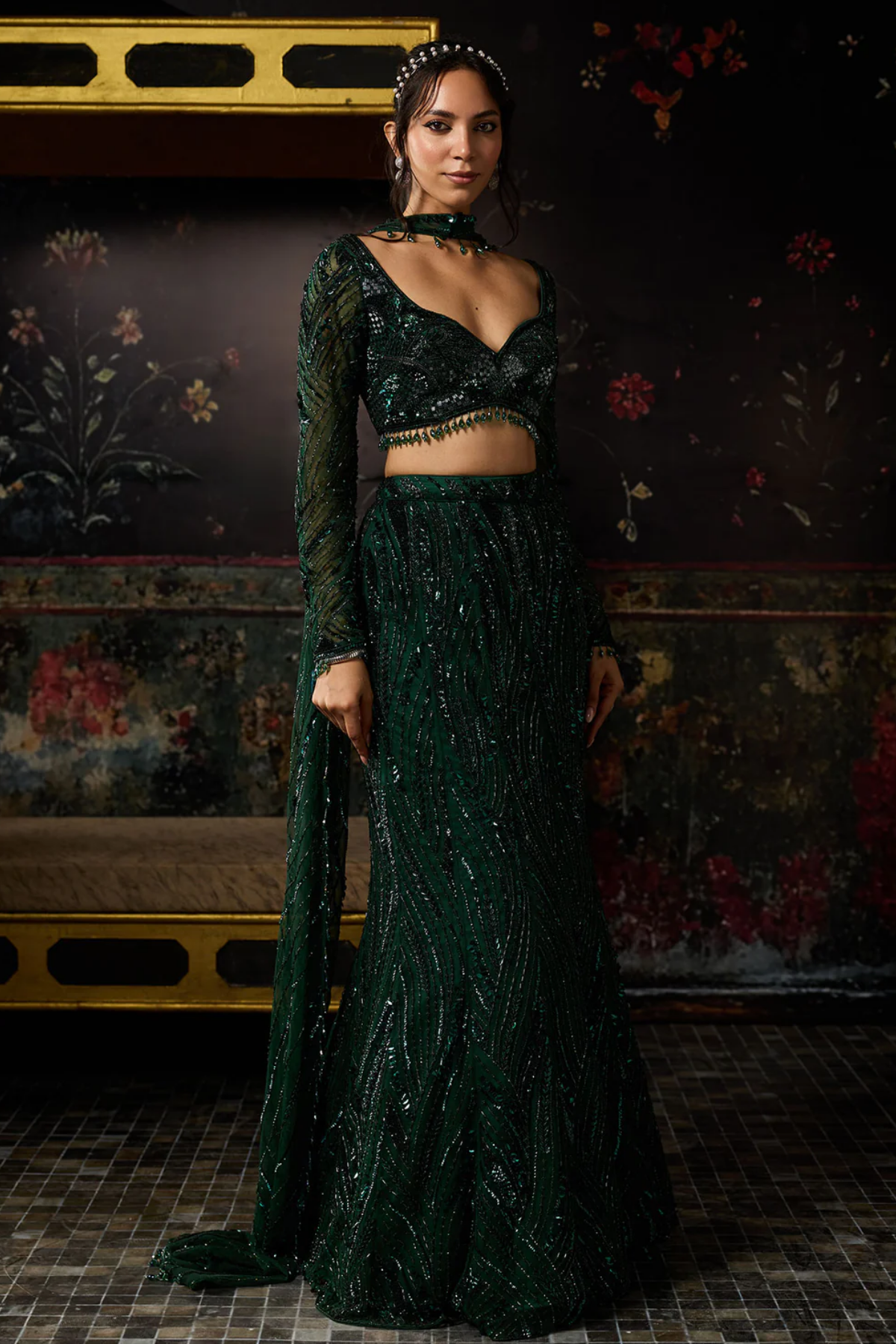 Emerald Green Embellished  Mermaid Skirt Set