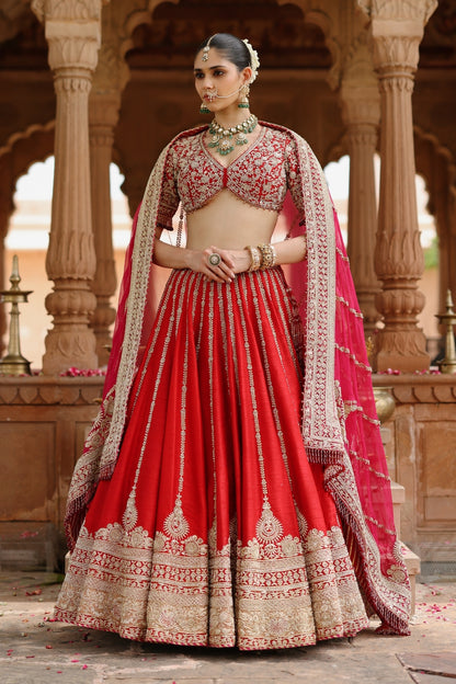 Roha - Deep Red Lehenga Set with Blouse & Dupatta