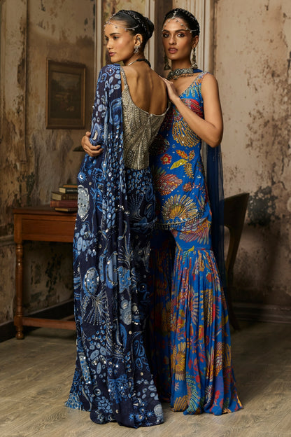 GUNMETAL GREY CORSET WITH PRINTED AND HIGHLIGHTED CLASSIC SAREE SET