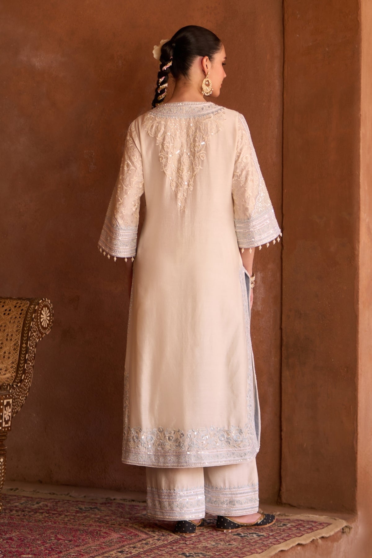 Nurvi - Daisy Ivory With Blue Long A-line Kurta With Palazzo And Dupatta