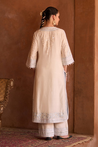Nurvi - Daisy Ivory With Blue Long A-line Kurta With Palazzo And Dupatta