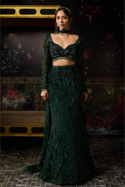Emerald Green Embellished  Mermaid Skirt Set