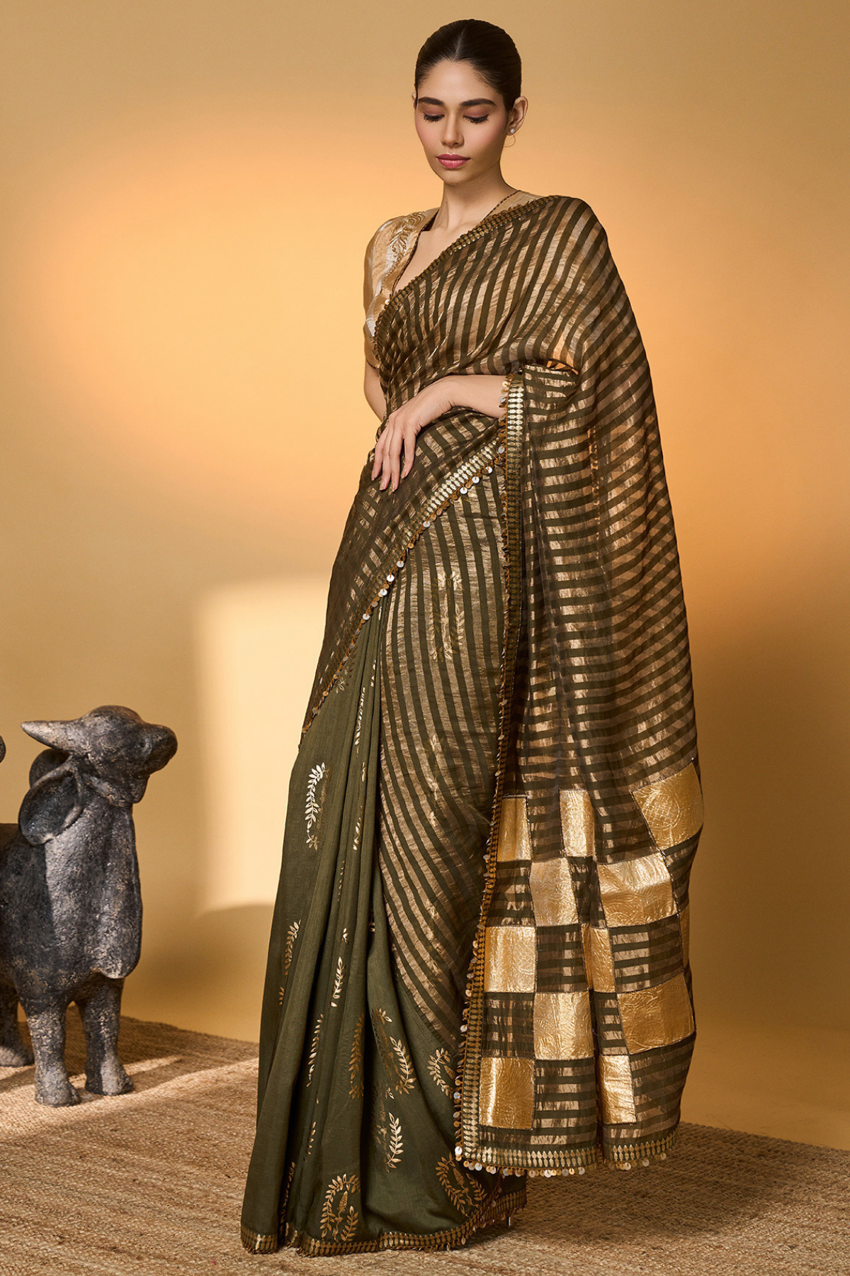 Olive Corncrest Gota Saree