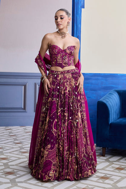 MAGENTA HIGHLIGHTED CORSET WITH LEHENGA & EMBROIDERED DUPATTA SET