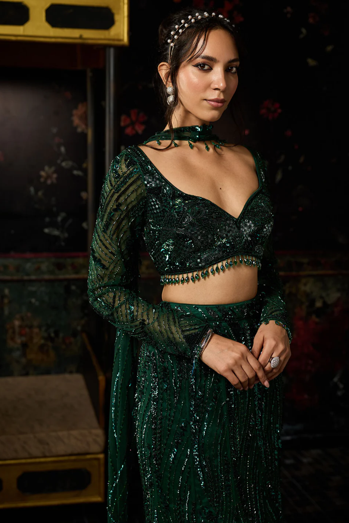 Emerald Green Embellished  Mermaid Skirt Set