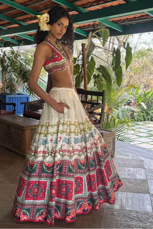 Off-White Linen Satin & Organza Lehenga Set