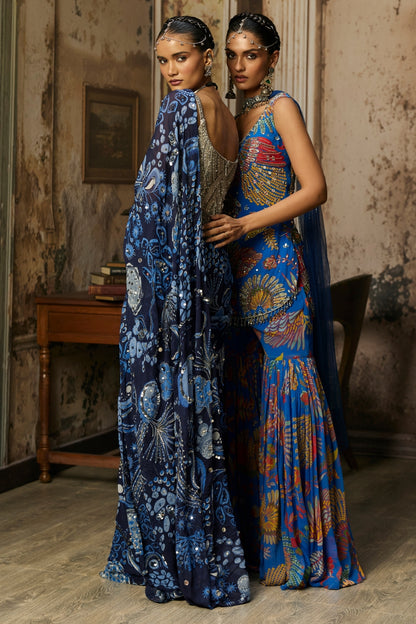 GUNMETAL GREY CORSET WITH PRINTED AND HIGHLIGHTED CLASSIC SAREE SET