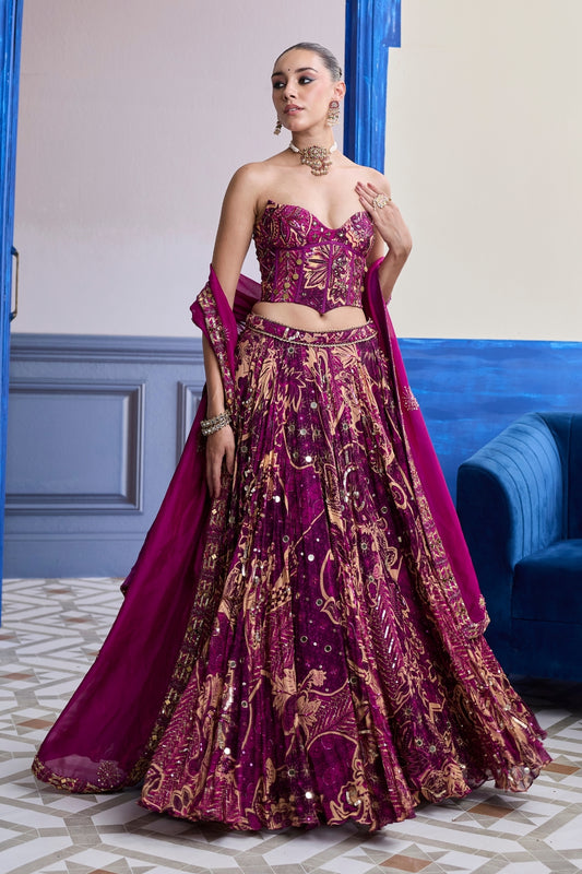 MAGENTA HIGHLIGHTED CORSET WITH LEHENGA & EMBROIDERED DUPATTA SET