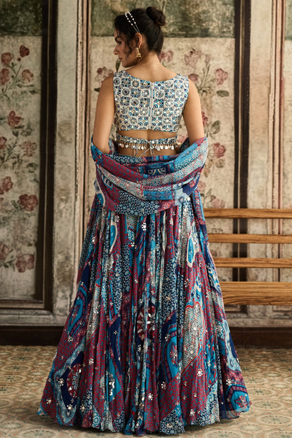 Ivory Butta Print And Highlighted Blouse With Teal Print And Highlighted Lehenga Set