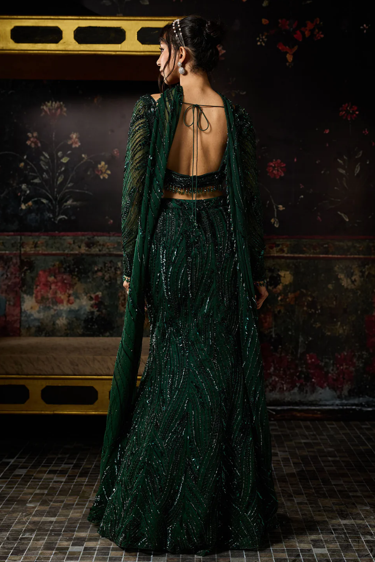 Emerald Green Embellished  Mermaid Skirt Set