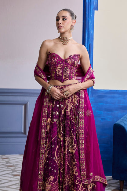 MAGENTA HIGHLIGHTED CORSET WITH LEHENGA & EMBROIDERED DUPATTA SET