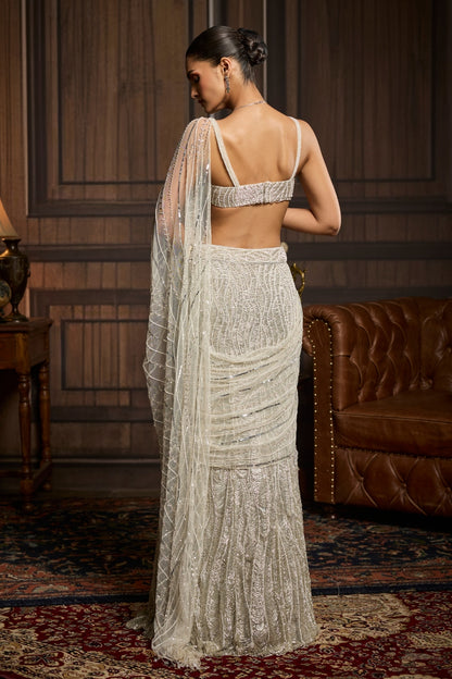 Silver Embellished Pre-draped Skirt Saree Set