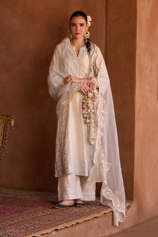 Nurvi - Daisy Ivory With Blue Long A-line Kurta With Palazzo And Dupatta