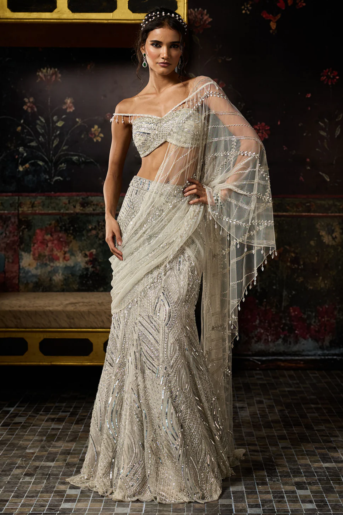 SILVER FULLY EMBROIDERED MERMAID SKIRT SAREE SET