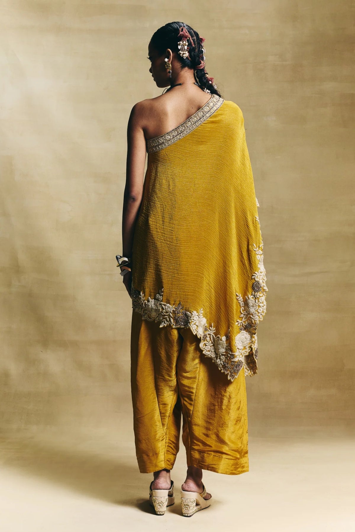 Mustard One Shoulder Top With Farshi Pants