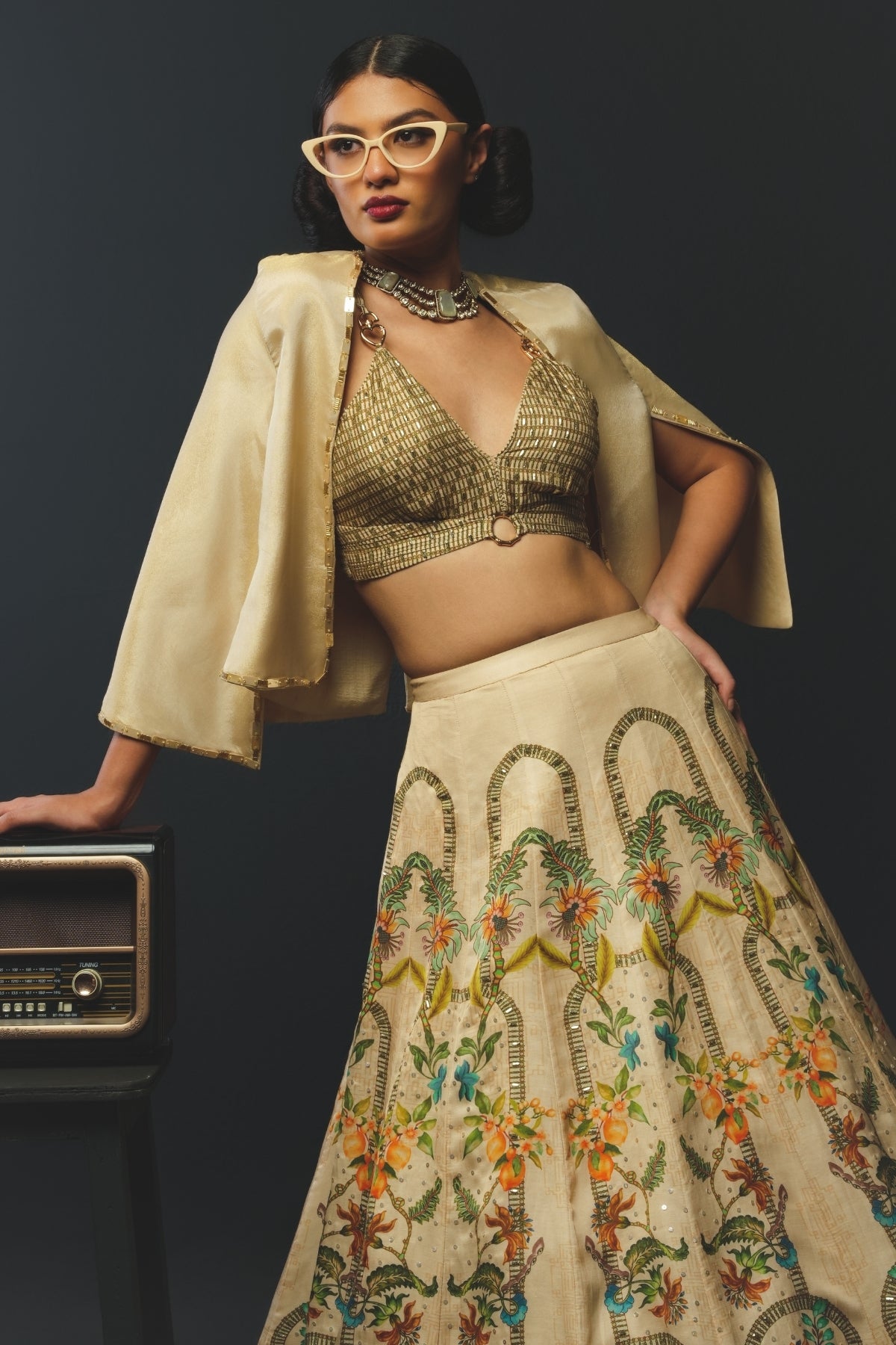Beige Linen Satin & Tussar Lehenga Set