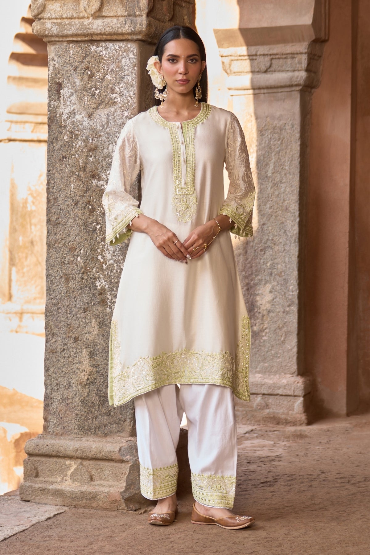 Anam - Daisy Ivory With Mint Green A-line Kurta With Salwar And Dupatta