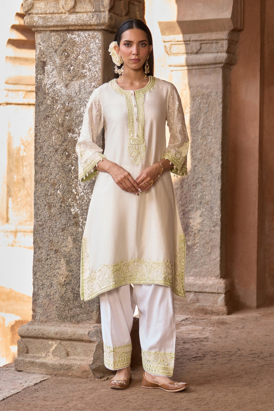 Anam - Daisy Ivory With Mint Green A-line Kurta With Salwar And Dupatta