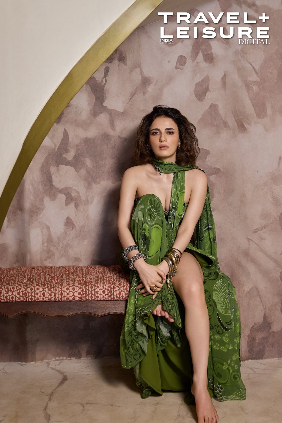RADHIKA MADAN IN PEAR GREEN PRINTED AND HIGHLIGHTED PRE-DRAPED SLIT SKIRT SAREE SET