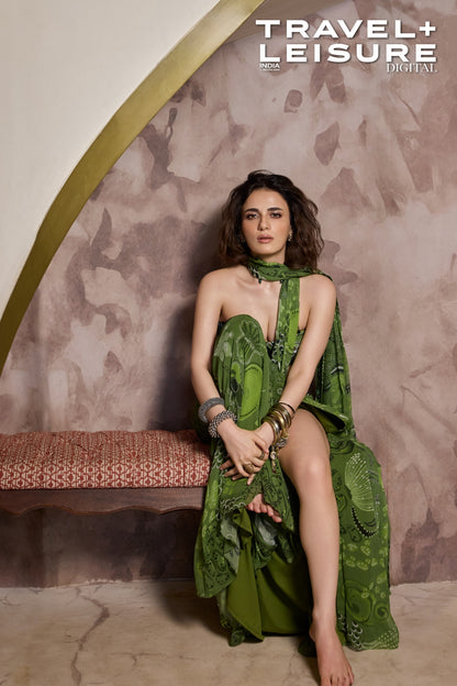 RADHIKA MADAN IN PEAR GREEN PRINTED AND HIGHLIGHTED PRE-DRAPED SLIT SKIRT SAREE SET
