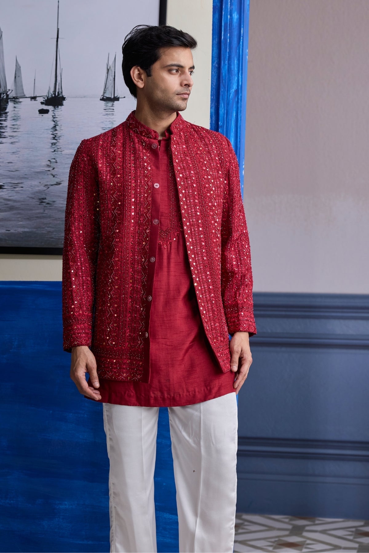 MAROON MIRROR EMBROIDERED & THREAD WORK BANDHGLA JACKET WITH KURTA & PANTS