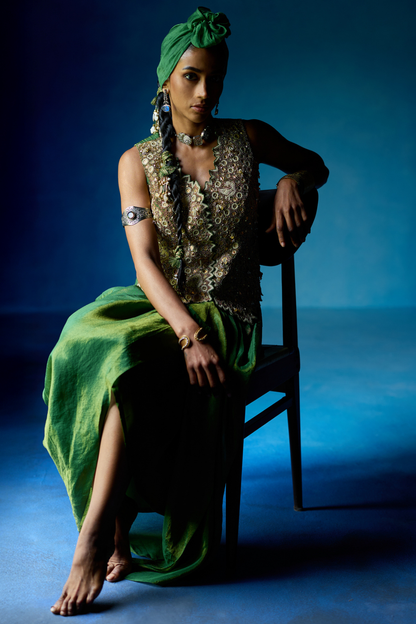 Green waistcoat & draped skirt