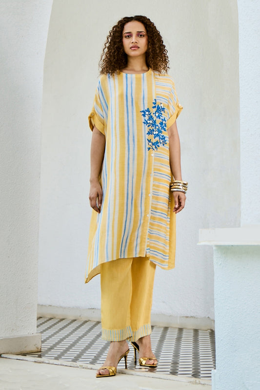 Printed Yellow Linen Kurta set.