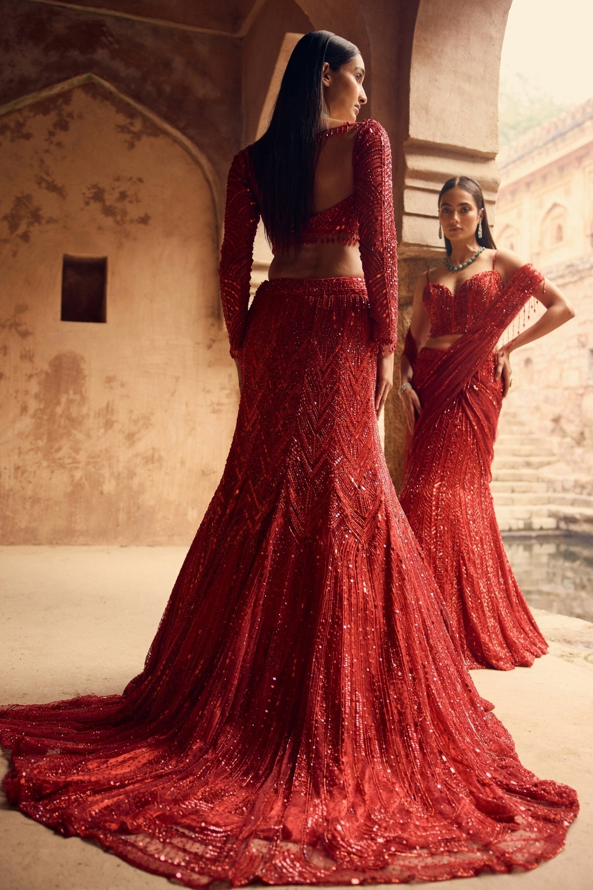VERMELLION RED EMBROIDERED MERMAID SKIRT SAREE SET