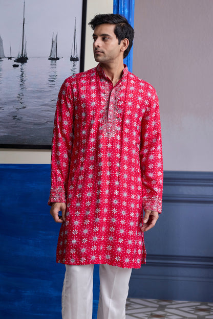 RED  BUTTA PRINT HIGHLIGHTED KURTA WITH  IVORY PANTS