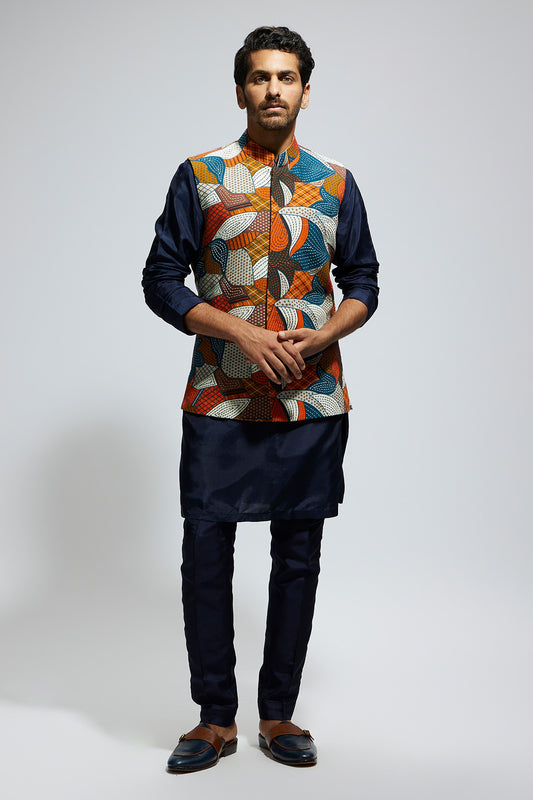 Abstract Bundi Paired With Solid Blue Kurta And Pants