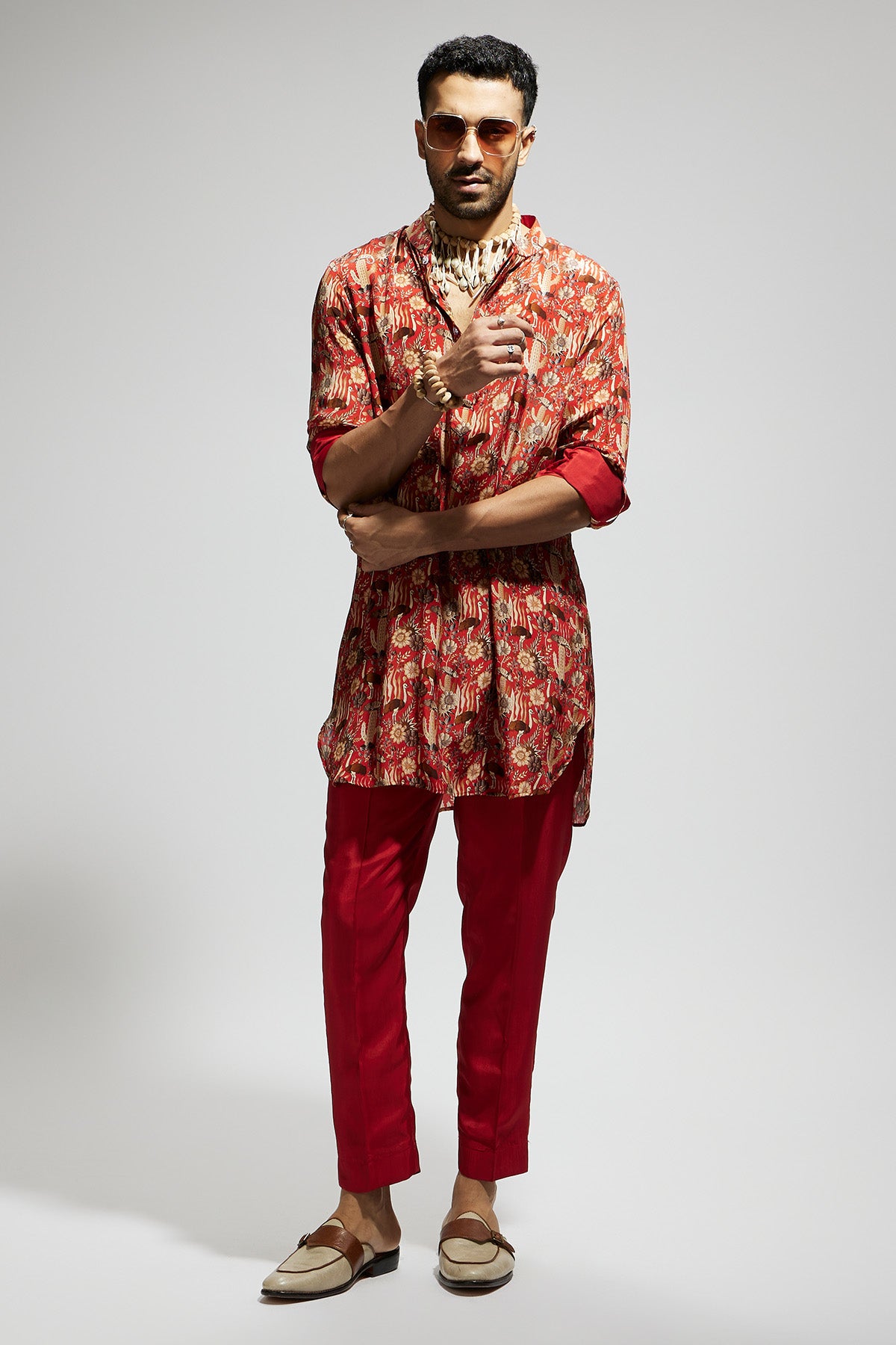 Orange Jaal Rolled up Sleeves Kurta