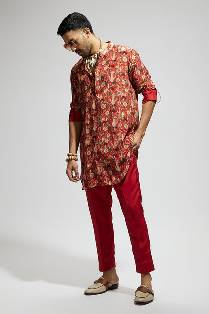 Orange Jaal Rolled up Sleeves Kurta